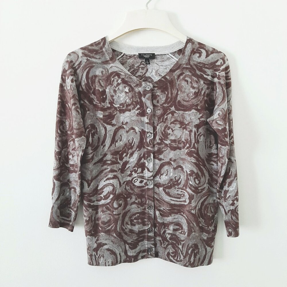 Talbots Cardigan Sweater, Button-Front, Gray & Brown, PP/XSP/0P/2P